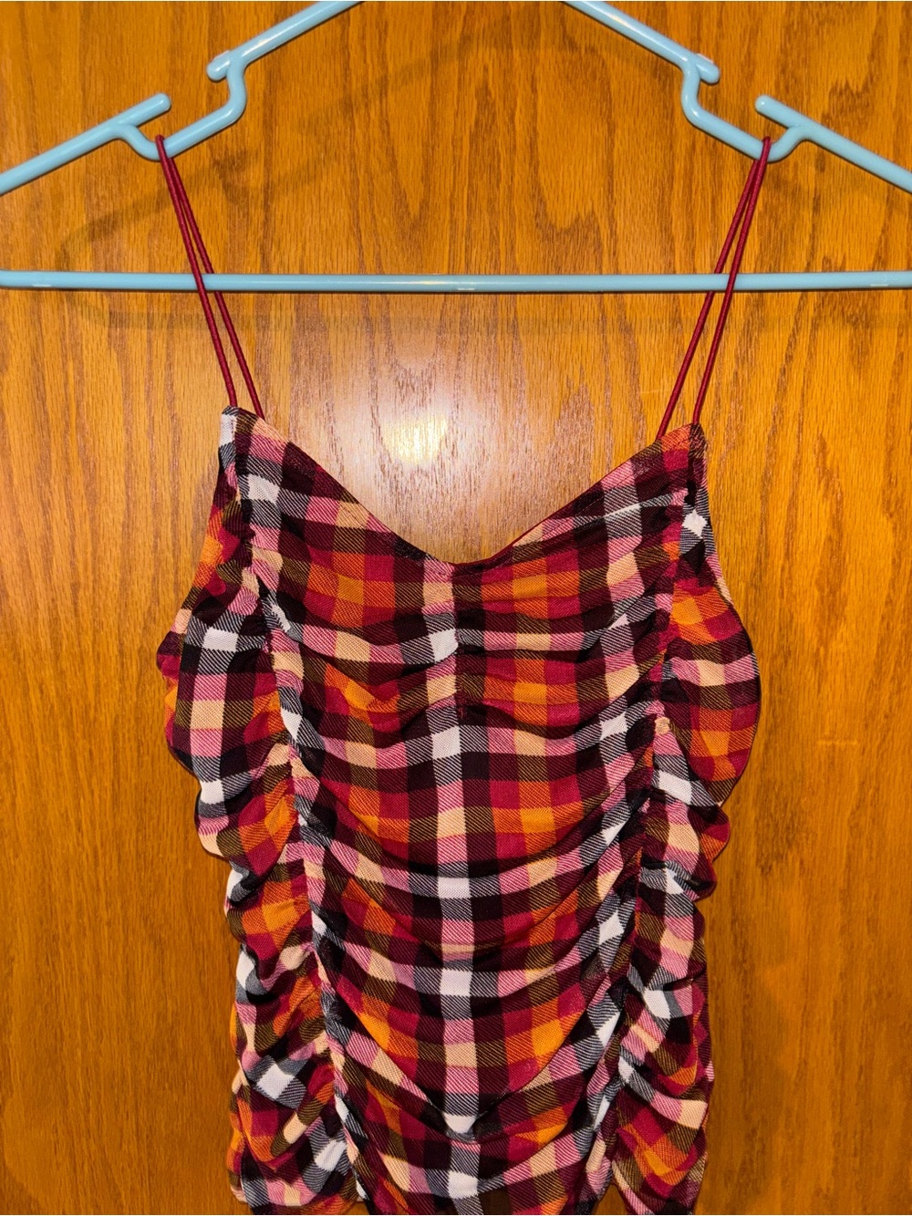 rave Plaid Ruched Cami Top - Burgundy, Orange, Pink
